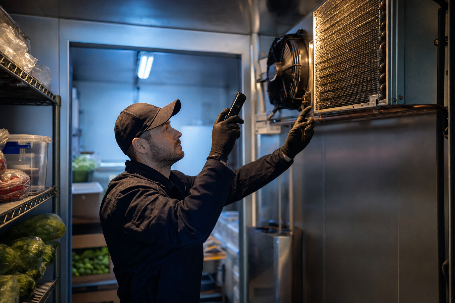 Technician inspecting the evaporator coil inside a commercial walk-in cooler
