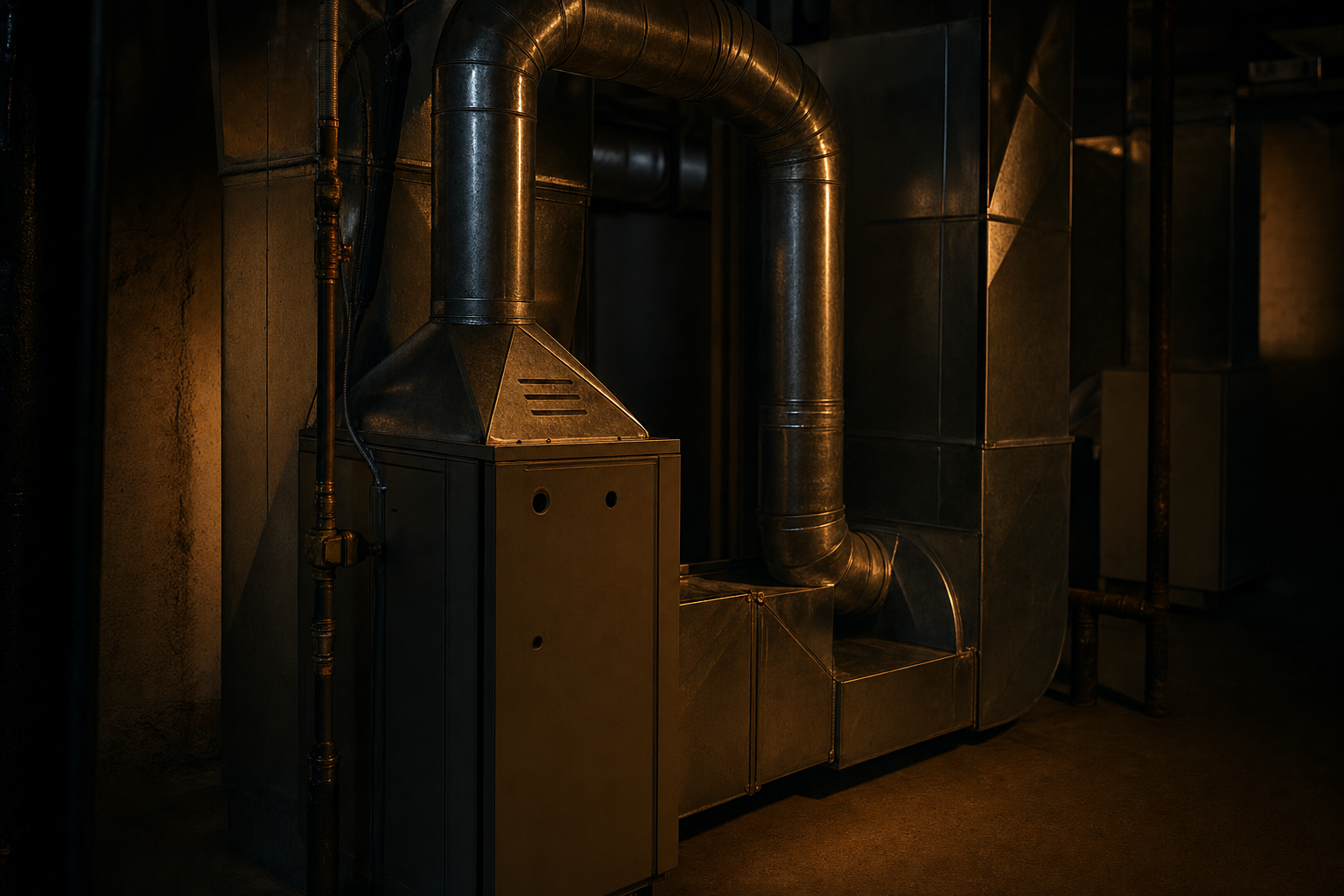Residential furnace and ductwork in a home mechanical room