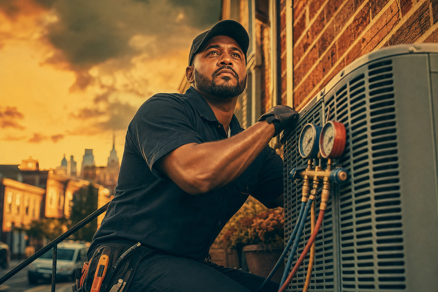 HVAC technician servicing a residential central air conditioning condenser outside a home at golden hour