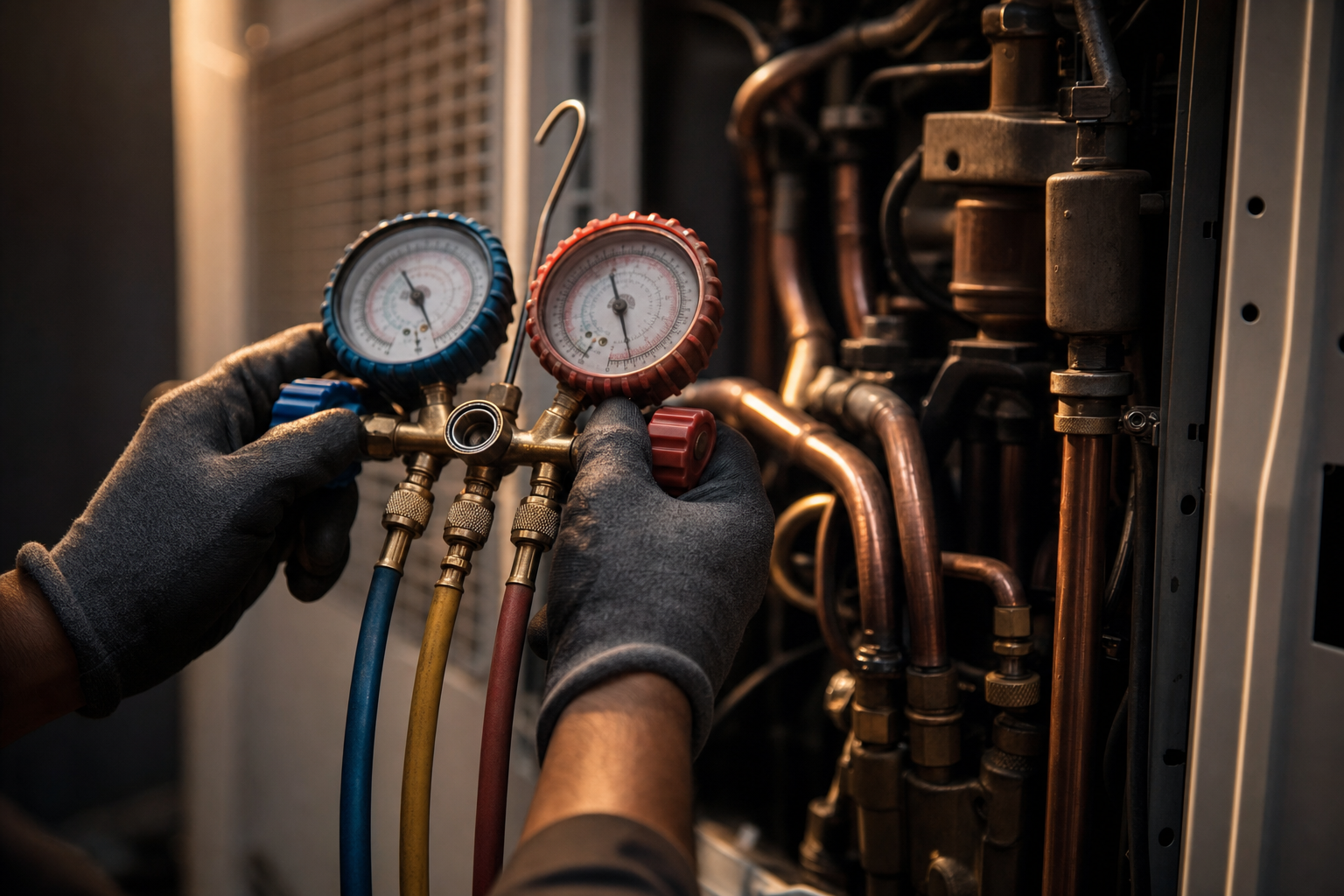 Technician using a manifold gauge on a residential air conditioning system